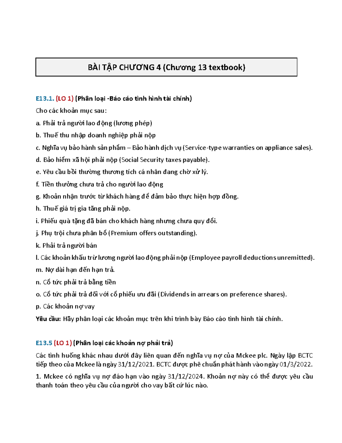 BT Chương 4 (Ch 13) - Phân loại và Bút toán Điều chỉnh theo IFRS - Studocu