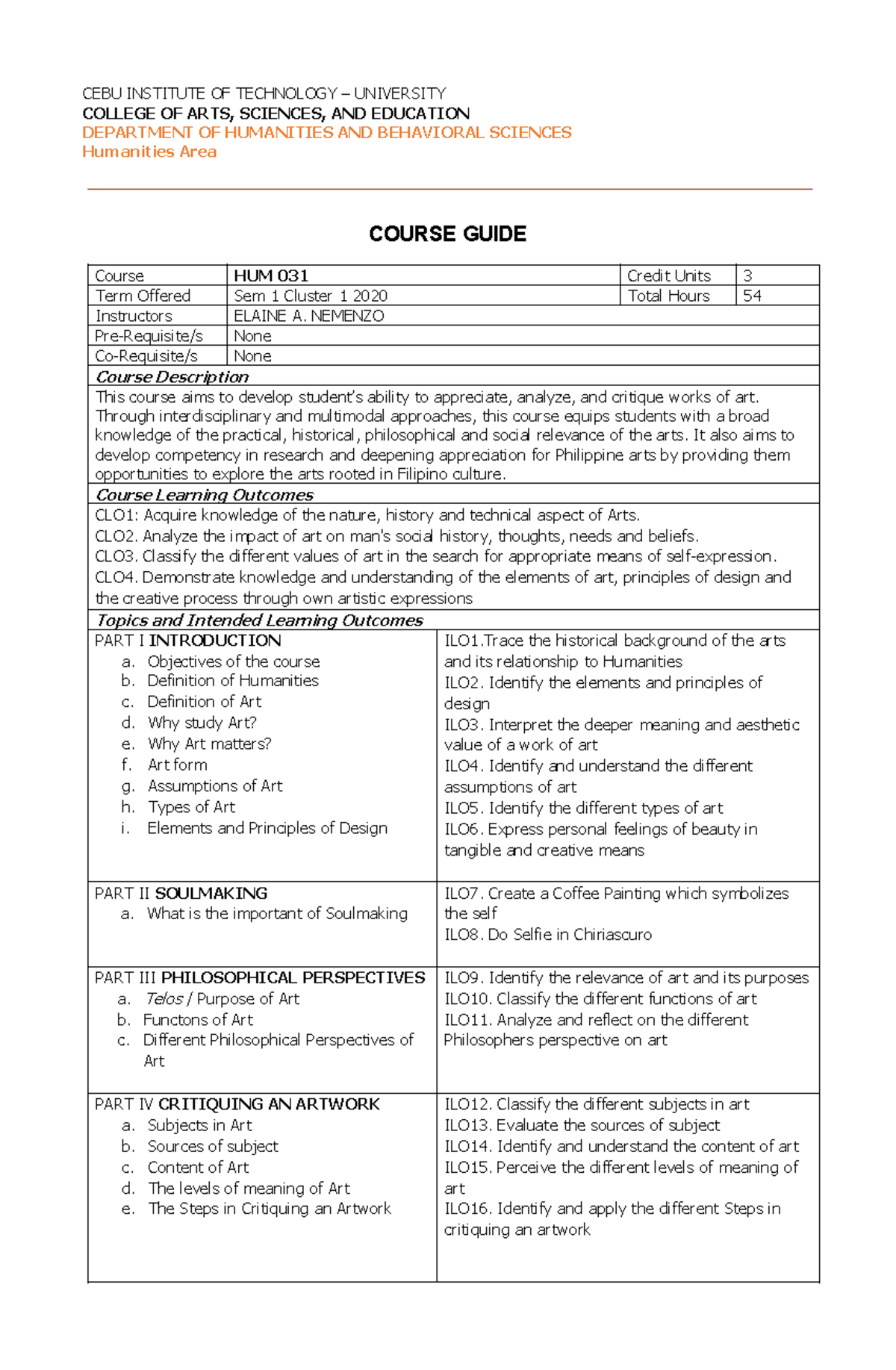 Art Appreciation Course Guide (HUM031) - S1 2020 Overview - Studocu