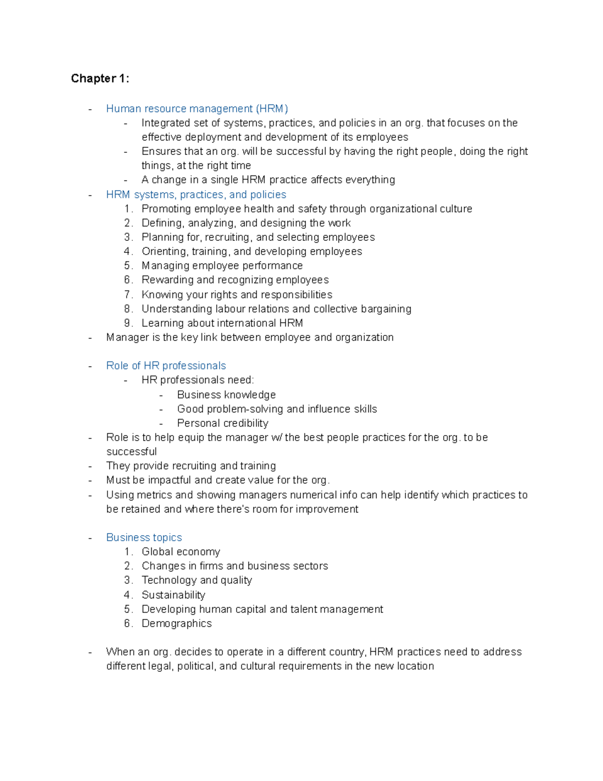 MHR523 Chapter 1 Notes - Chapter 1: Human resource management (HRM ...
