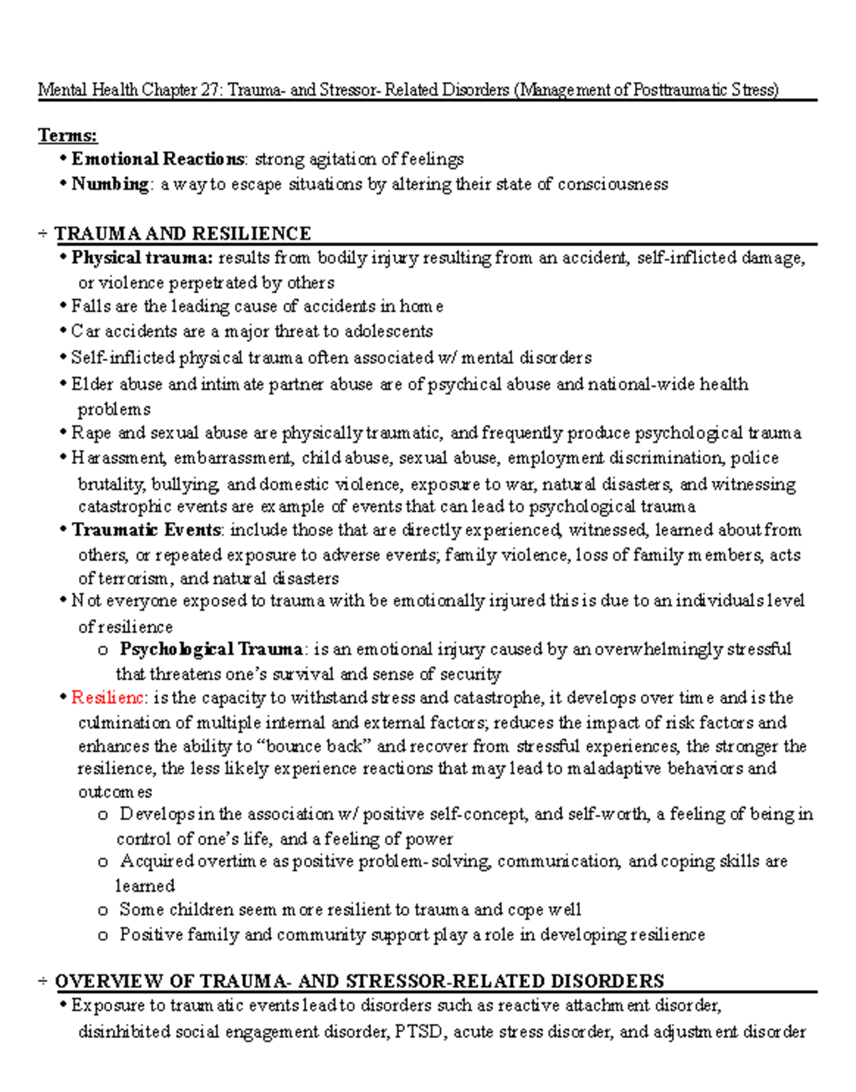 MH Chapter 27 - Trauma & Stressor-Related Disorders Study Notes - Studocu