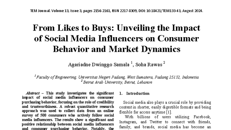 Impact of Social Media Influencers on Consumer Behavior: TEM133-43 ...