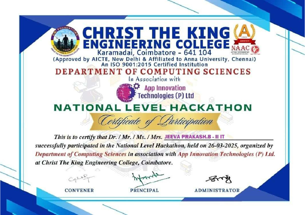 National Level Hackathon Participation Certificate - CSE II - Studocu