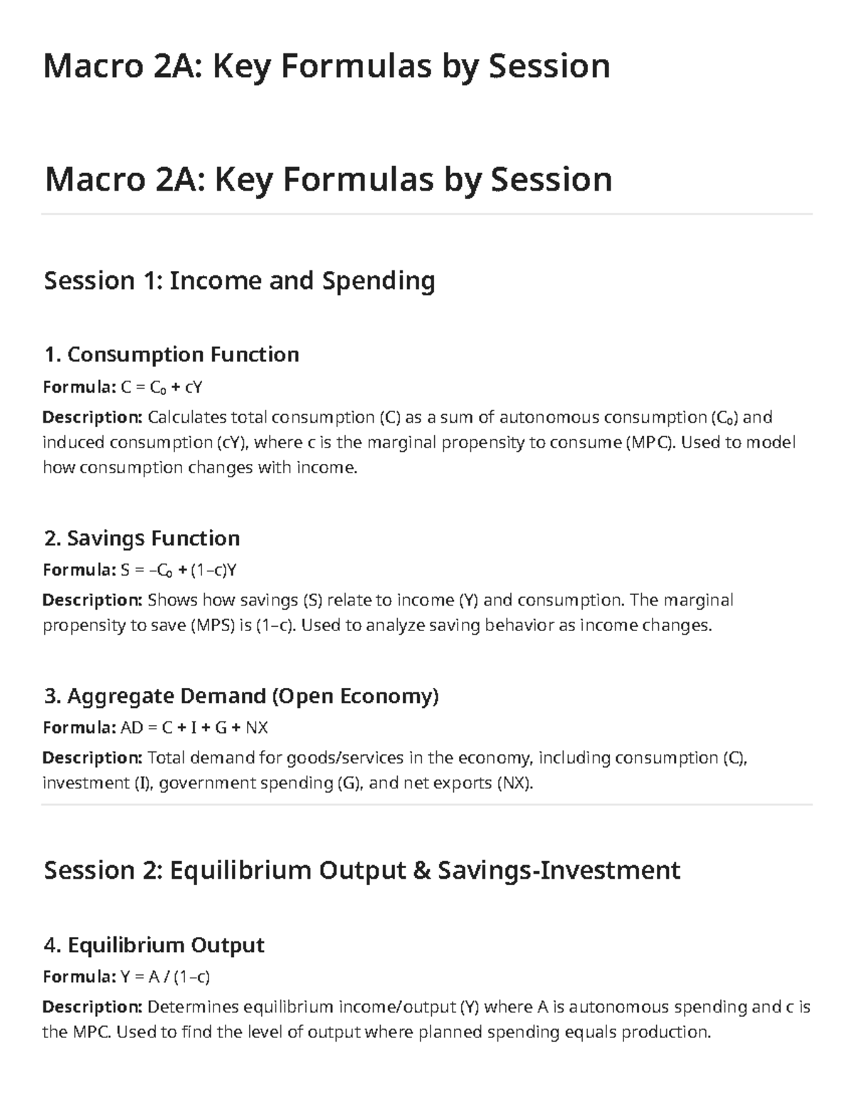 Macro 2A: Key Formulas by Session Overview - Studocu
