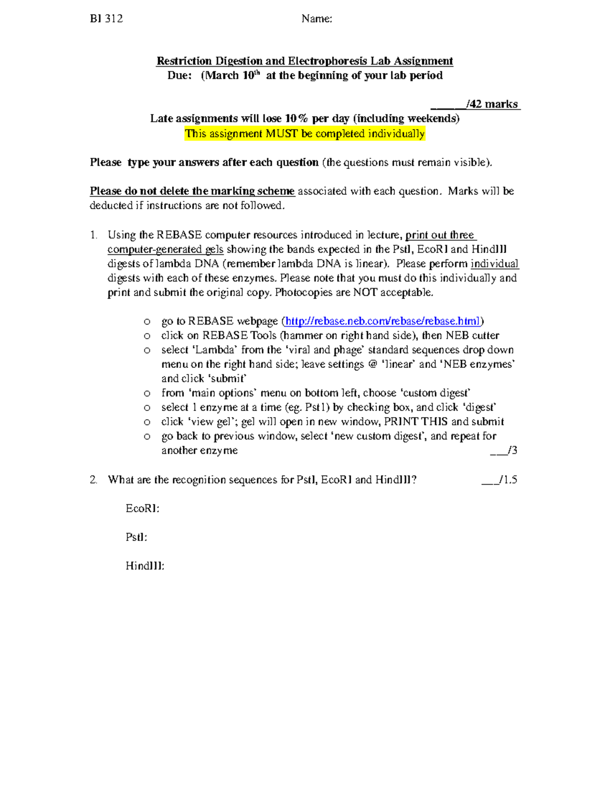 Restriction Digest and Gels Assignment W 21 - Restriction Digestion and ...