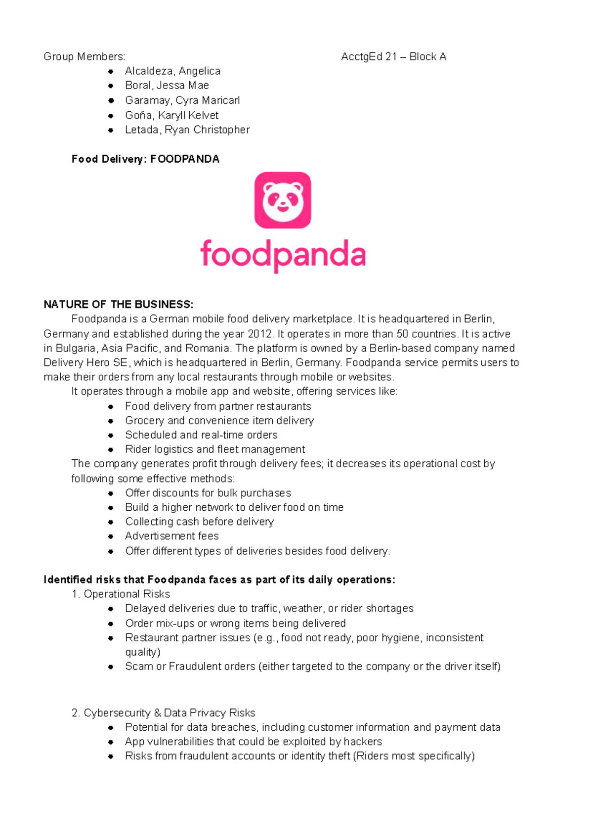 Food Delivery Analysis: Foodpanda's Operations & Risks (AcctgEd 21 ...