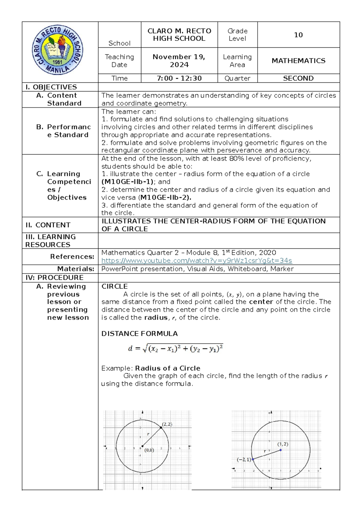 DLP Center- Radius - Mathematics DLP - School CLARO M. RECTO HIGH ...