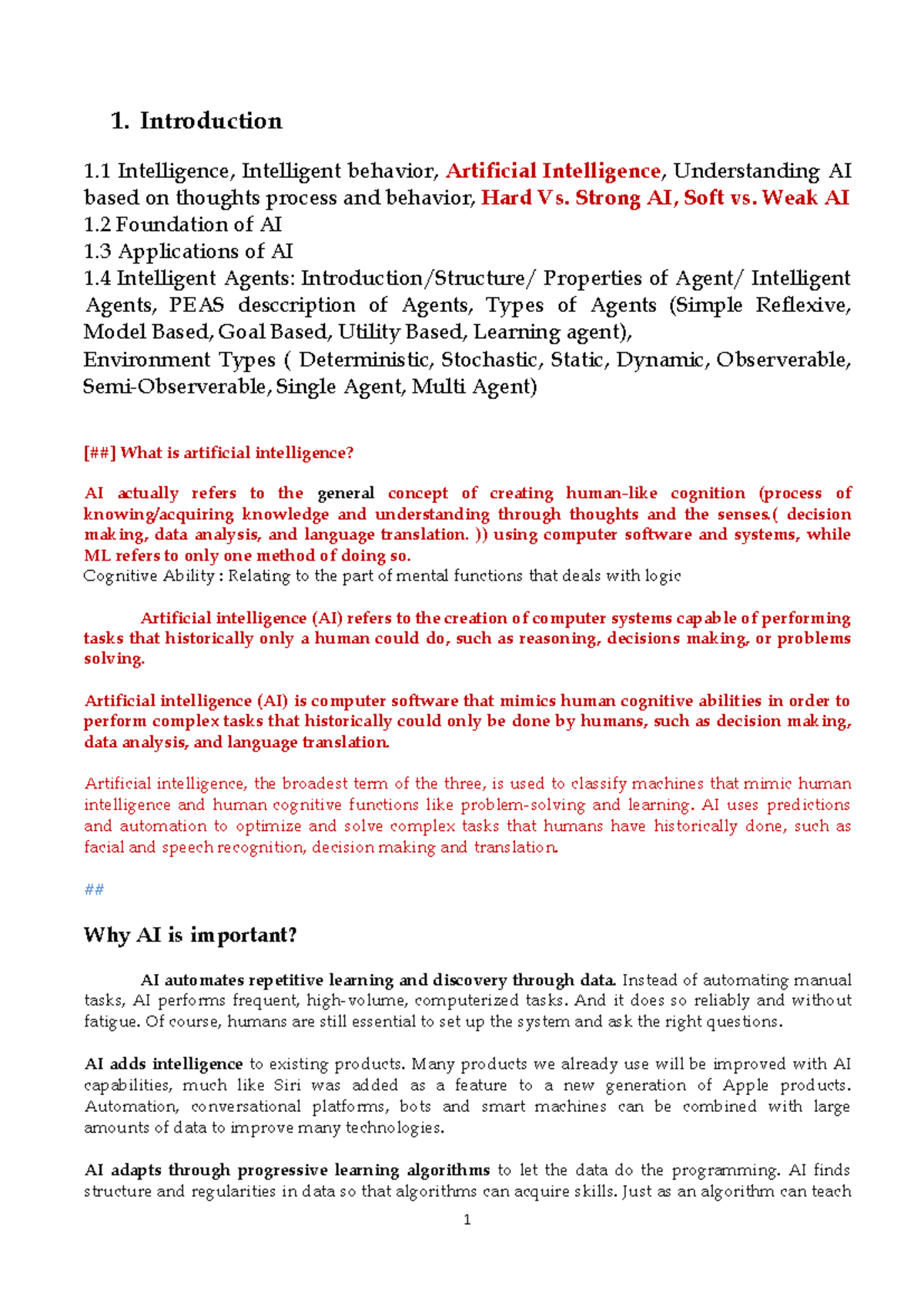 C1 Intro 2AI STUD - lecture notes - 1. Introduction 1 Intelligence ...
