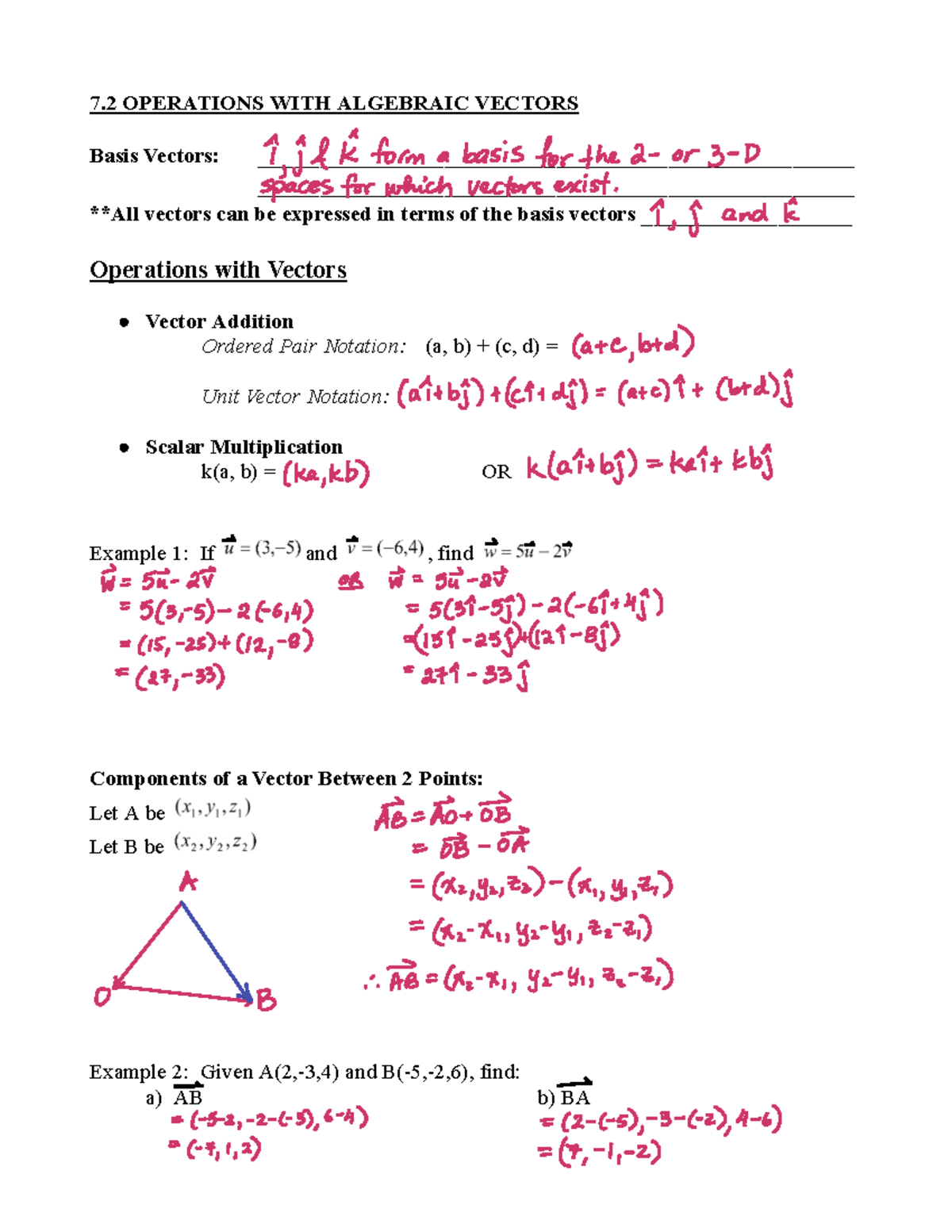 7.2 Operations with Algebraic Vectors: Key Concepts and Examples - Studocu