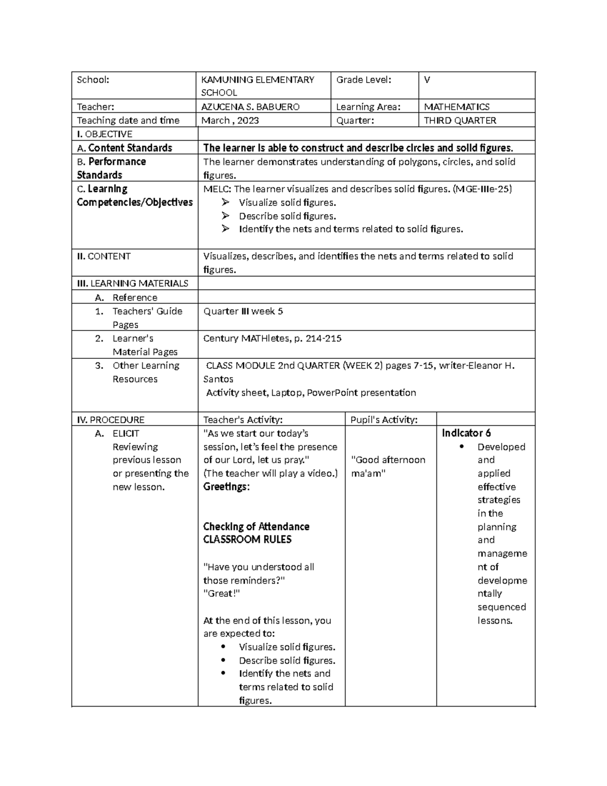 Grade V Math Lesson Plan: Solid Figures & Circles (3rd Quarter) - Studocu