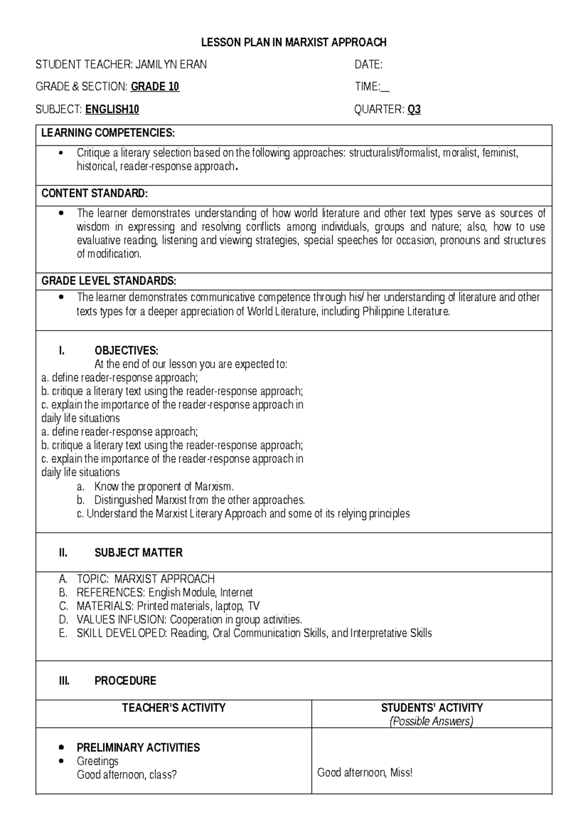 Grade 10 English Lesson Plan: Moralist Approach Overview - Studocu