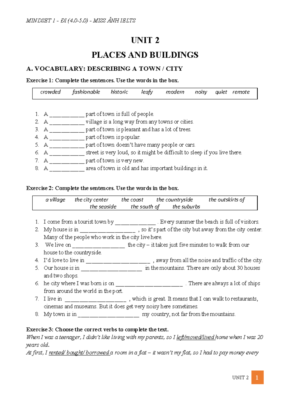 MINDSET 1 - IELTS UNIT 2: PLACES, BUILDINGS & VOCABULARY EXERCISES ...