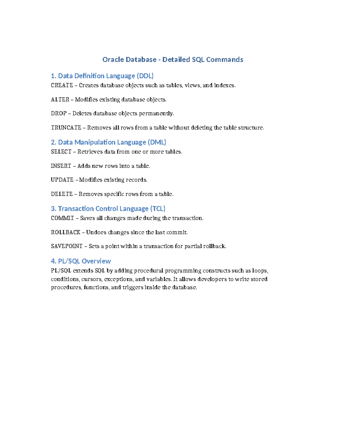Oracle Part3 Detailed SQL Commands: DDL, DML, and TCL Overview - Studocu