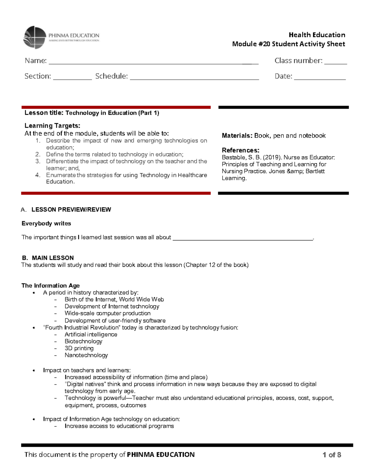 HE SAS 20 - Student Activity Sheet: Technology in Education (Part 1 ...