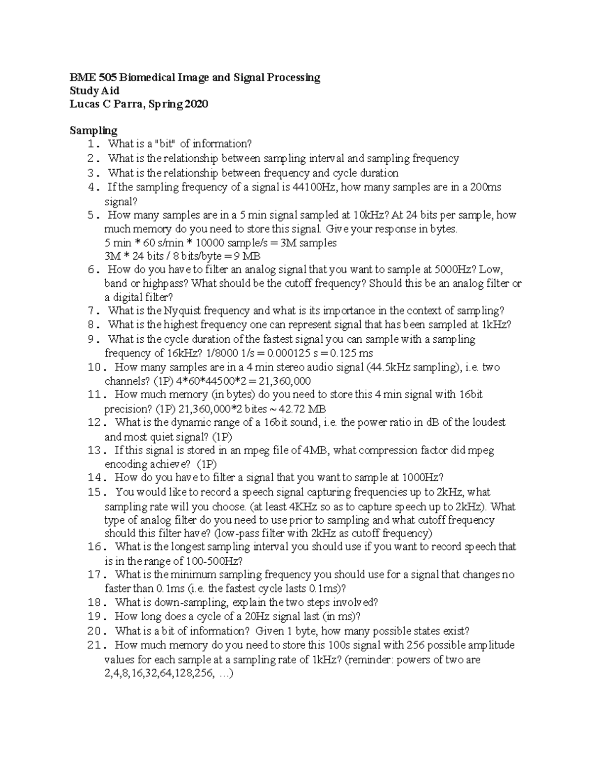 BME505 Study Aid: Key Concepts in Biomedical Image & Signal Processing ...