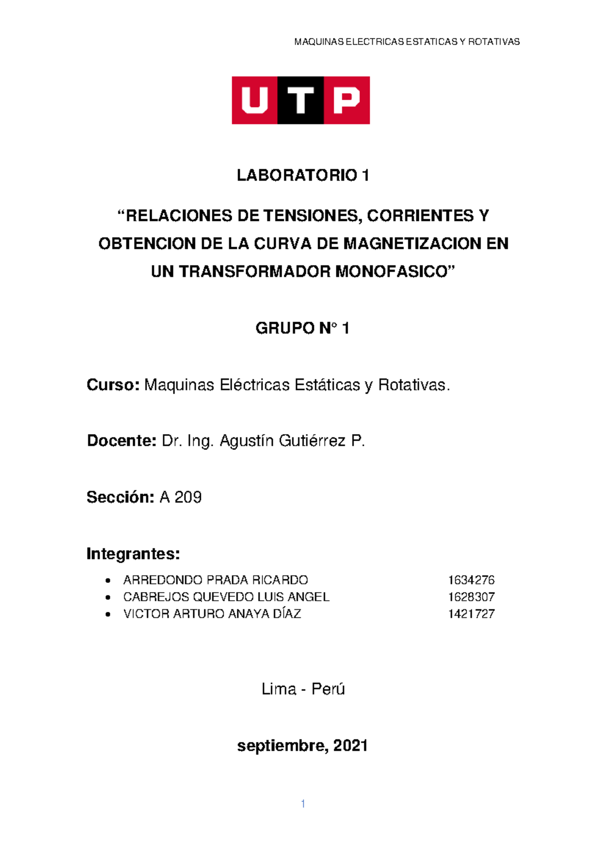 Laboratorio N°1 MAQUINAS ELECTRICAS - Grupo 1 - Document Preview