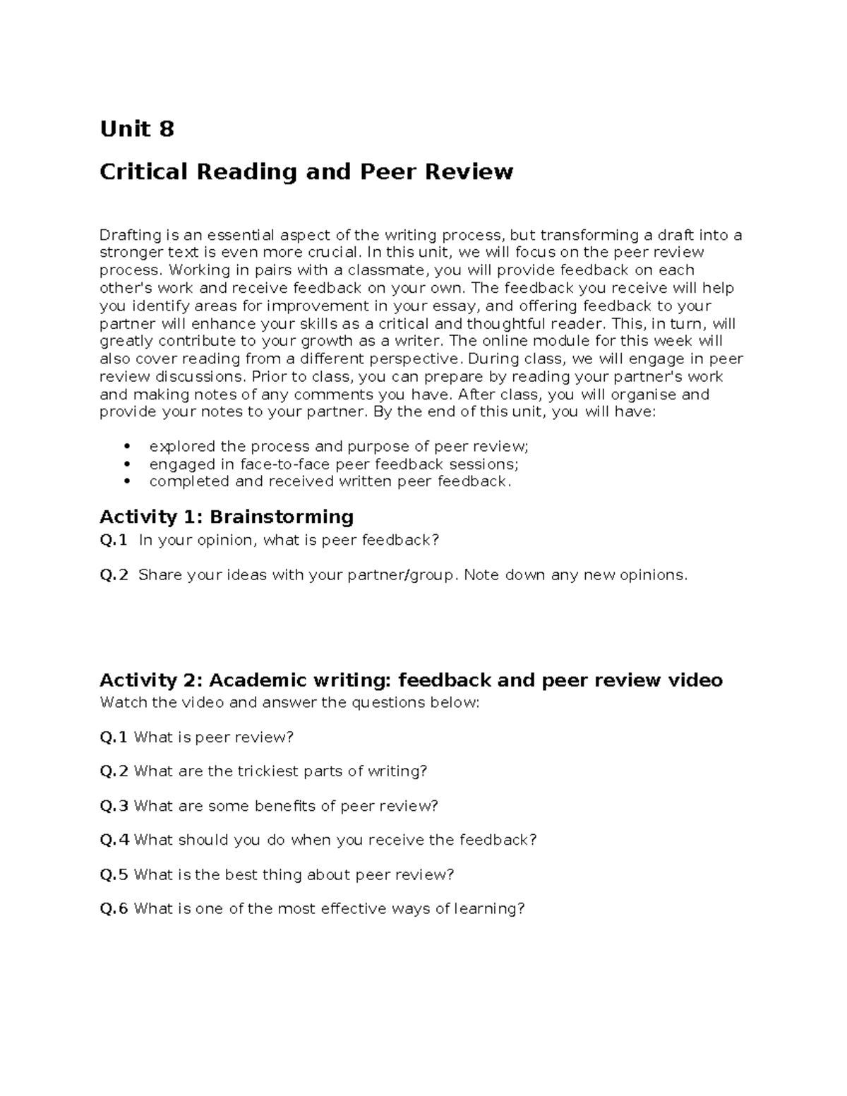 Unit 8: Enhancing Writing through Critical Reading & Peer Review - Studocu