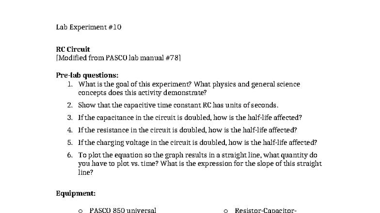 PHY125 Lab Assignment: RC Circuit Experiment Analysis - Studocu