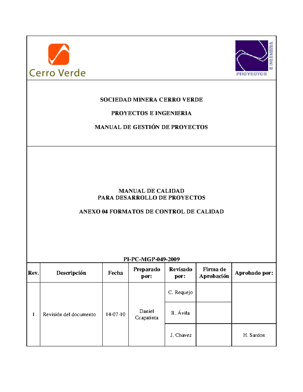 Anexo 04: Formatos de Control de Calidad para Proyectos PI-PC-MGP-049 - Document Preview