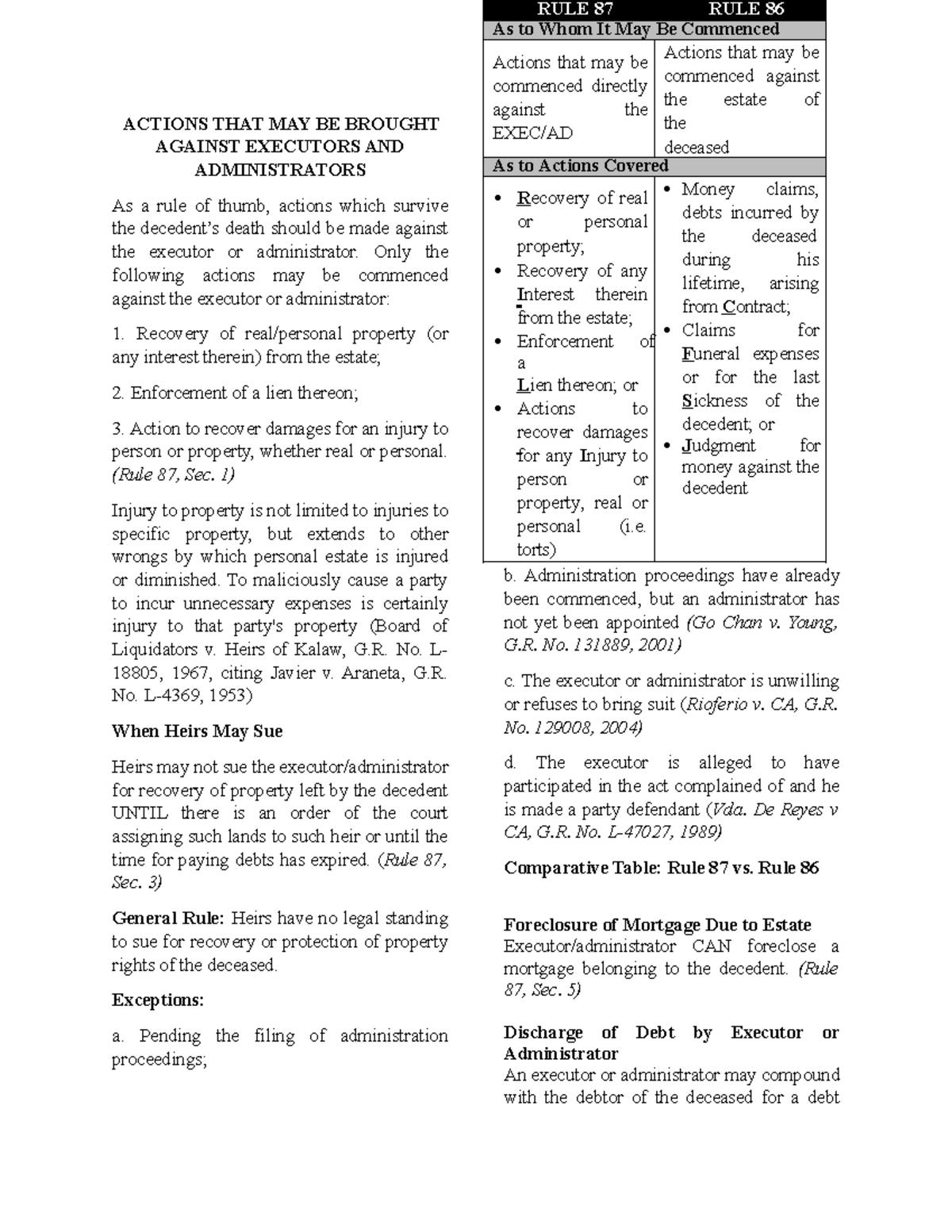 RULE 87 LECTURE NOTES: Actions Against Executors & Administrators - Studocu