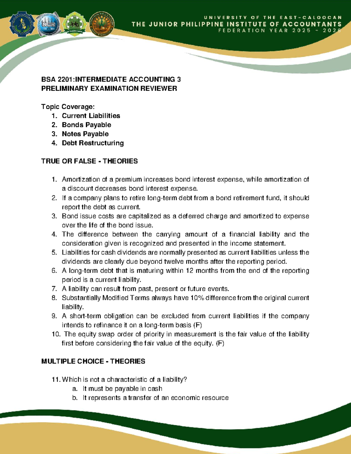 BSA 2201: Intermediate Accounting 3 Preliminary Exam Reviewer - Studocu
