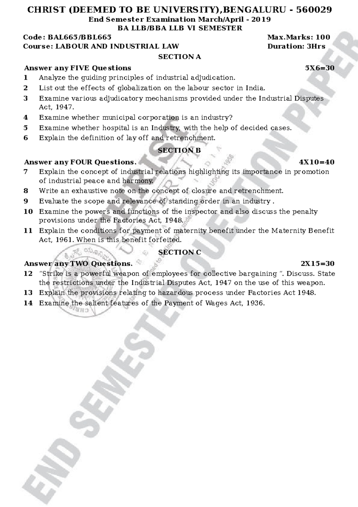 BA LLB VI Sem End Sem Exam 2019: Labour & Industrial Law QP - Studocu