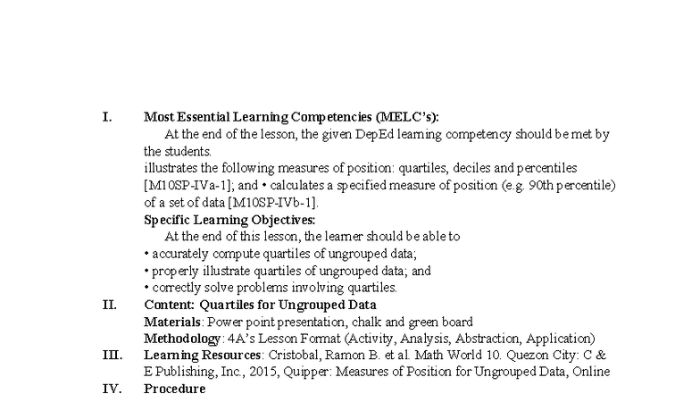 Math 10: Lesson on Quartiles for Ungrouped Data - Studocu