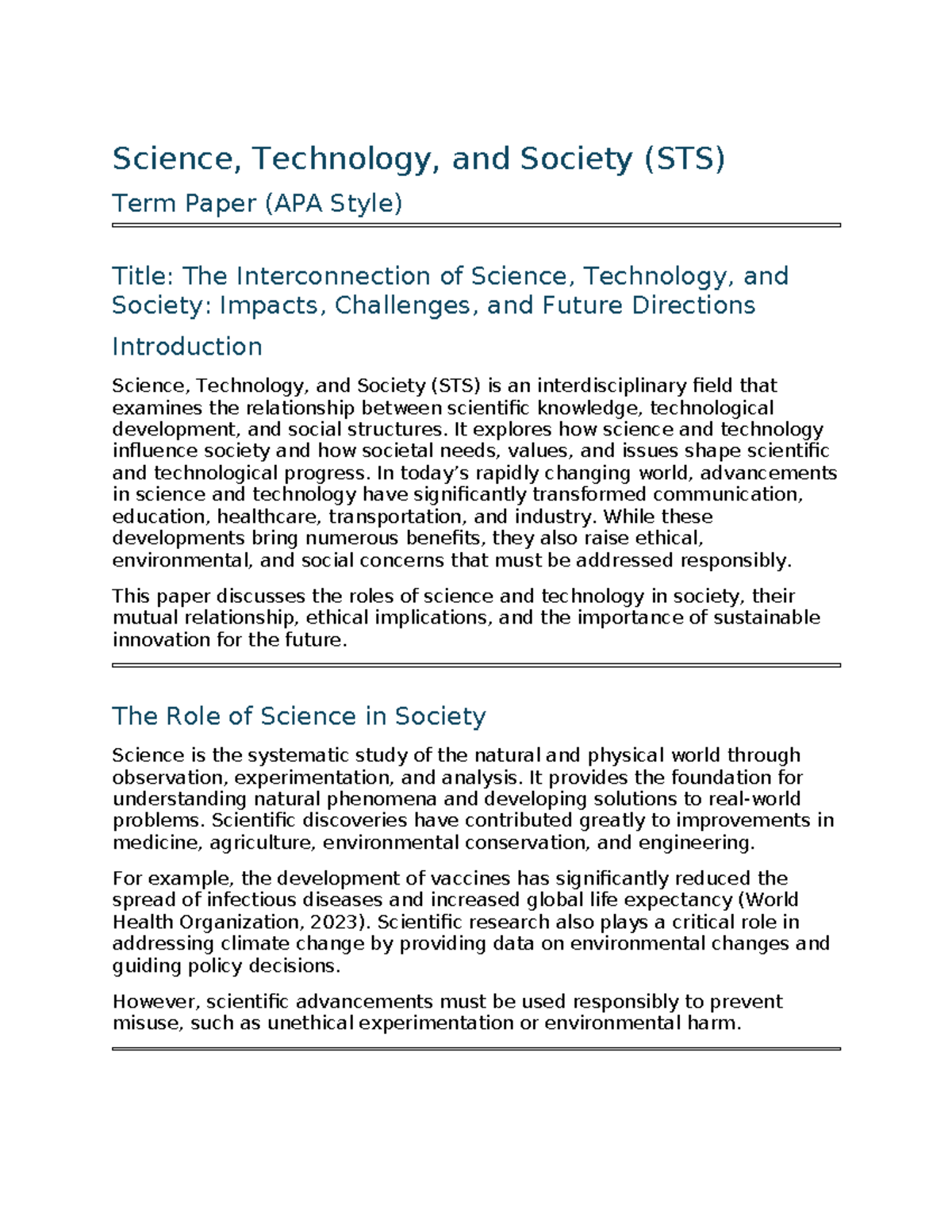 STS Term Paper: Exploring Science, Technology, and Society ...