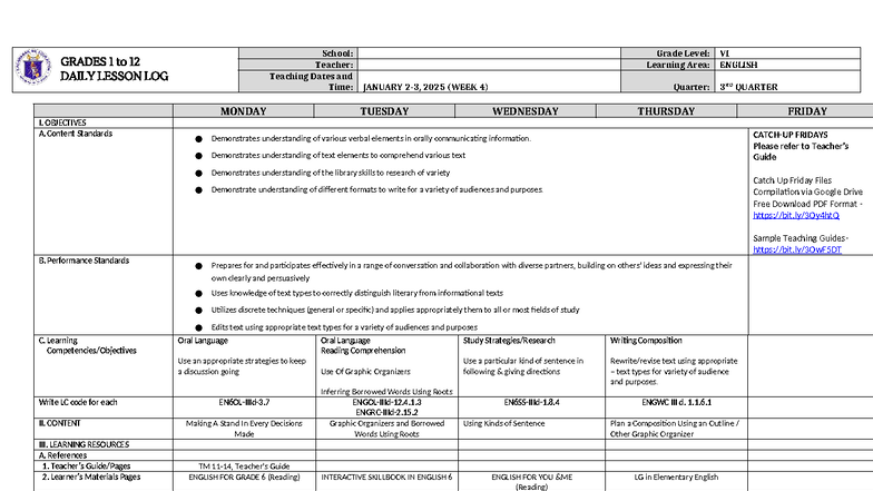 DLL English 6 Q3 W4 - Daily Lesson Log and Activities - Studocu