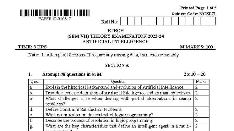 KCS071 - BTECH VII Sem AI Theory Exam Notes 2023-24 - Studocu