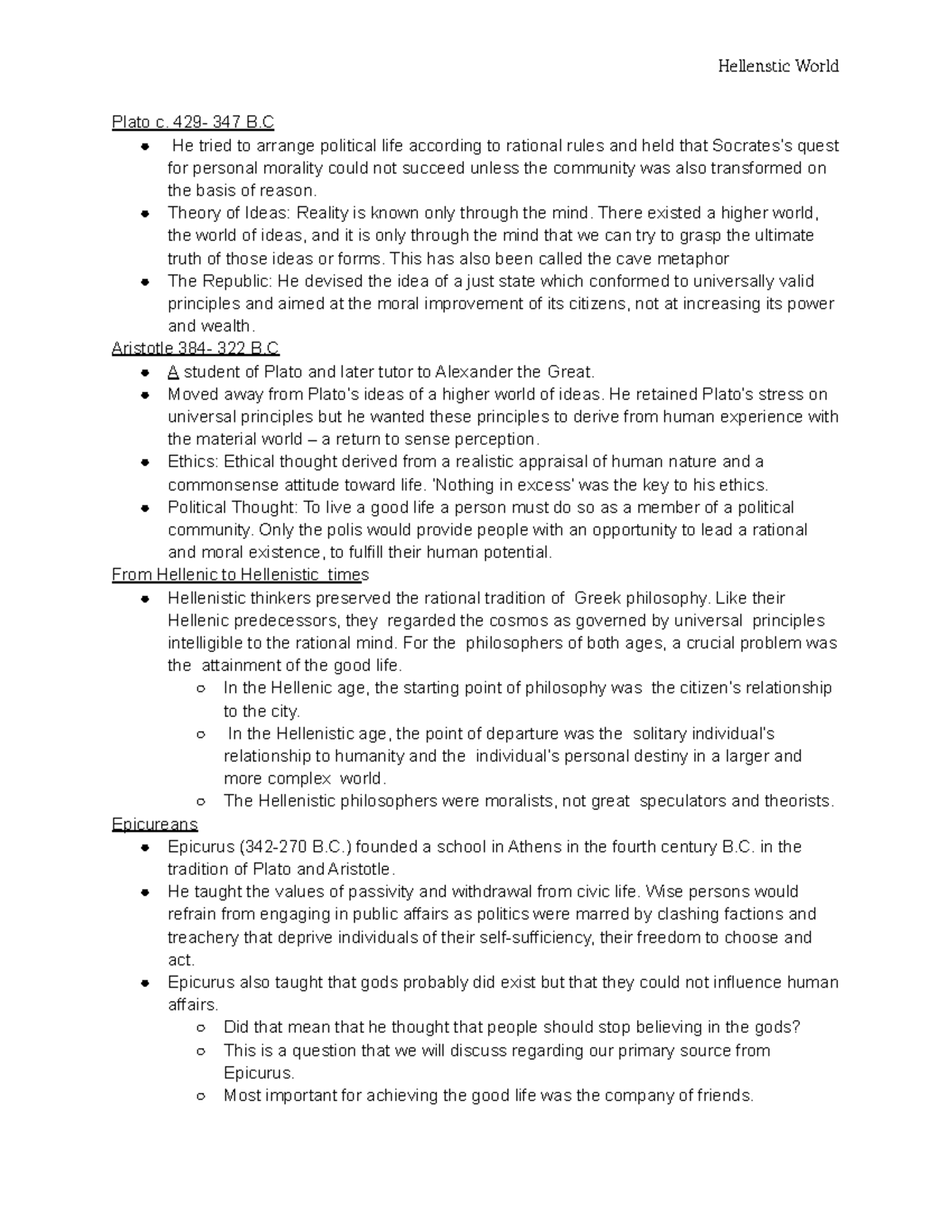 HIST 201 - Class Notes on the Hellenistic World Overview - Studocu