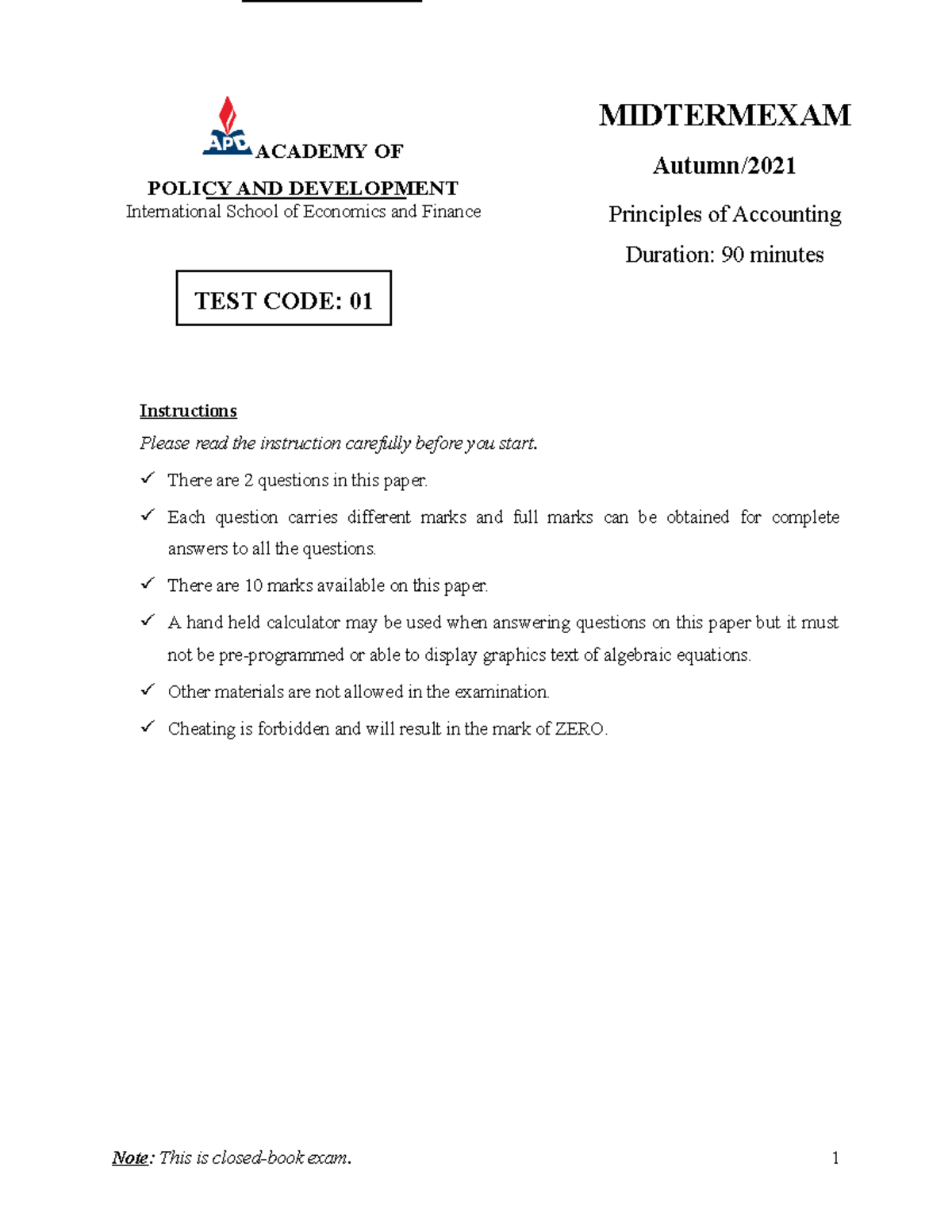 Midterm Exam - POA Code 1 - B1 - S1 - 2021: Accounting Principles - Studocu