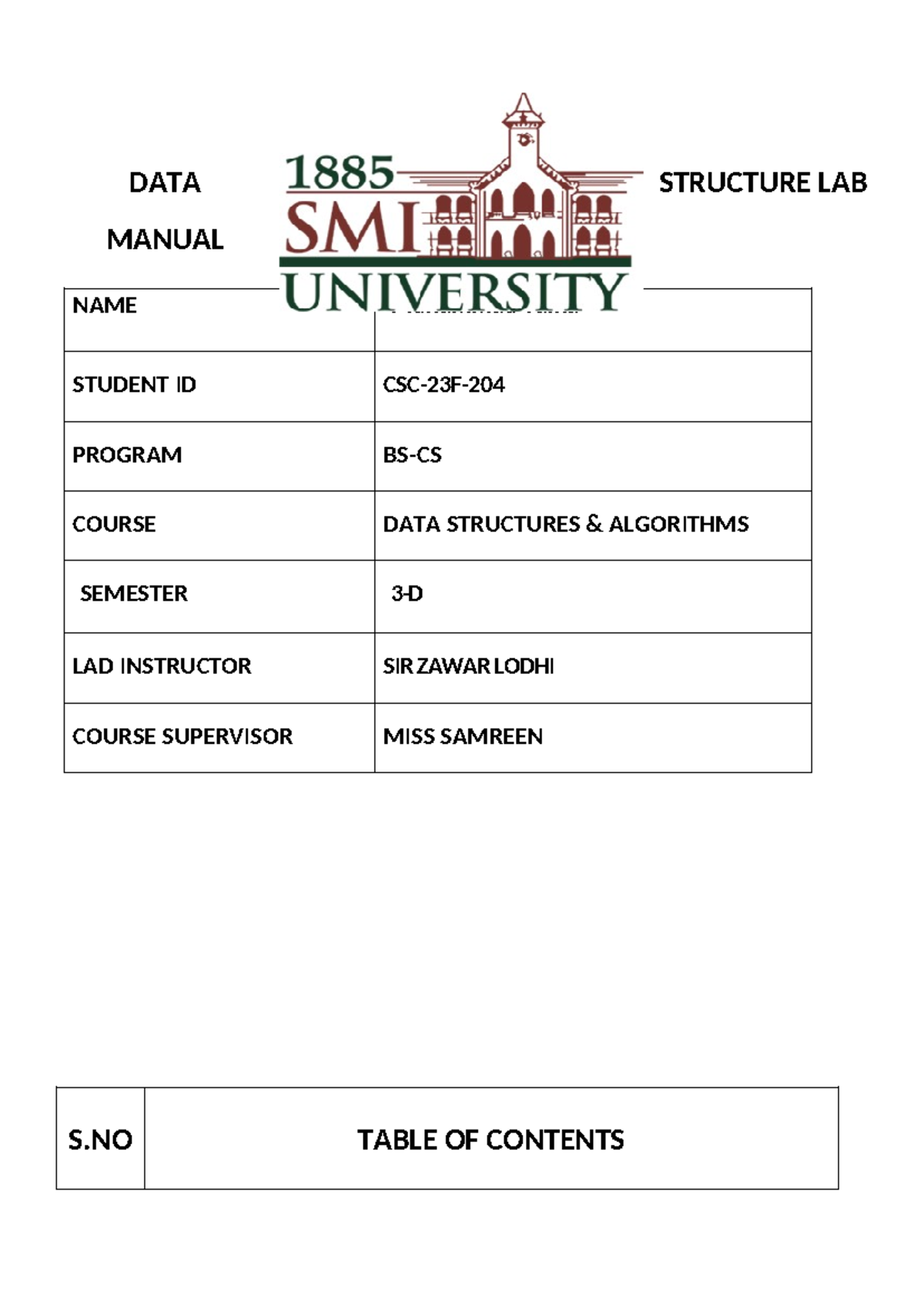 DS lab manual - DATA STRUCTURE LAB MANUAL NAME Muhammad Talha STUDENT ...