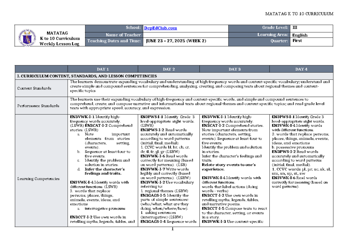 DLL Matatag English 3 Q1 W2 Weekly Lesson Log - Studocu