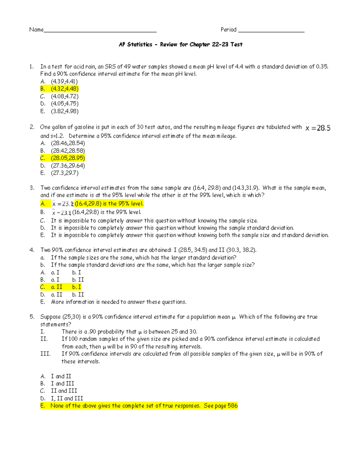AP Statistics Review: Chapter Test 1 Answers (2012) - Studocu
