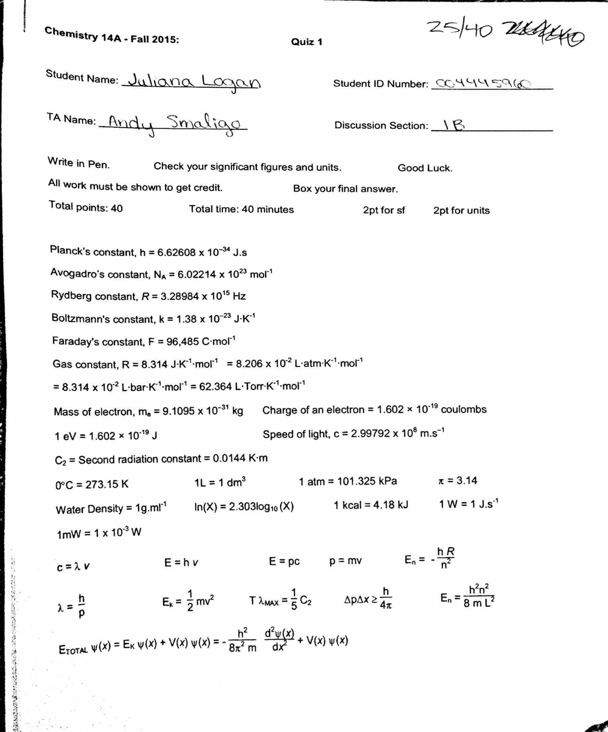Chemistry 14A: Fall 2015 Quiz 1 - Key Concepts and Solutions - Studocu