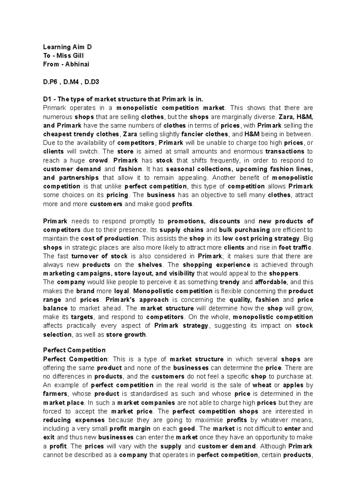 Learning Aim D: Market Structure Analysis of Primark (D.P6, D.M4, D1 ...