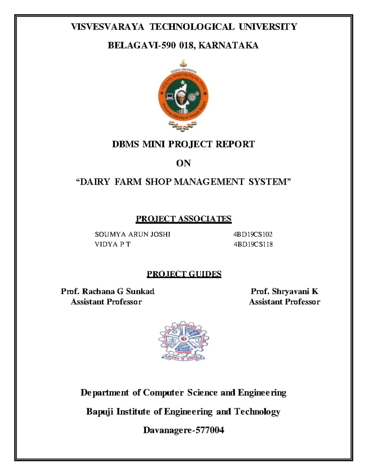 DBMS Mini Project Report: Dairy Farm Shop Management System (18CSL58 ...