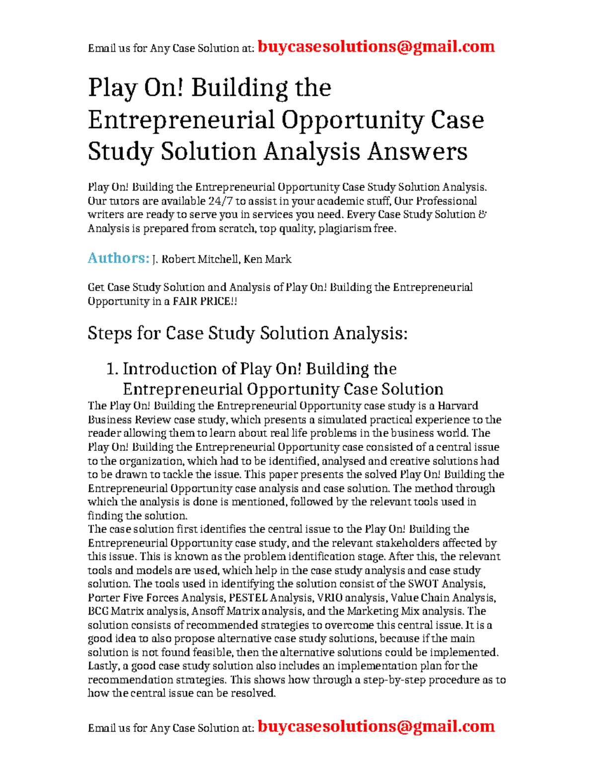Case Study Solution for Play On! Entrepreneurial Opportunity Analysis ...