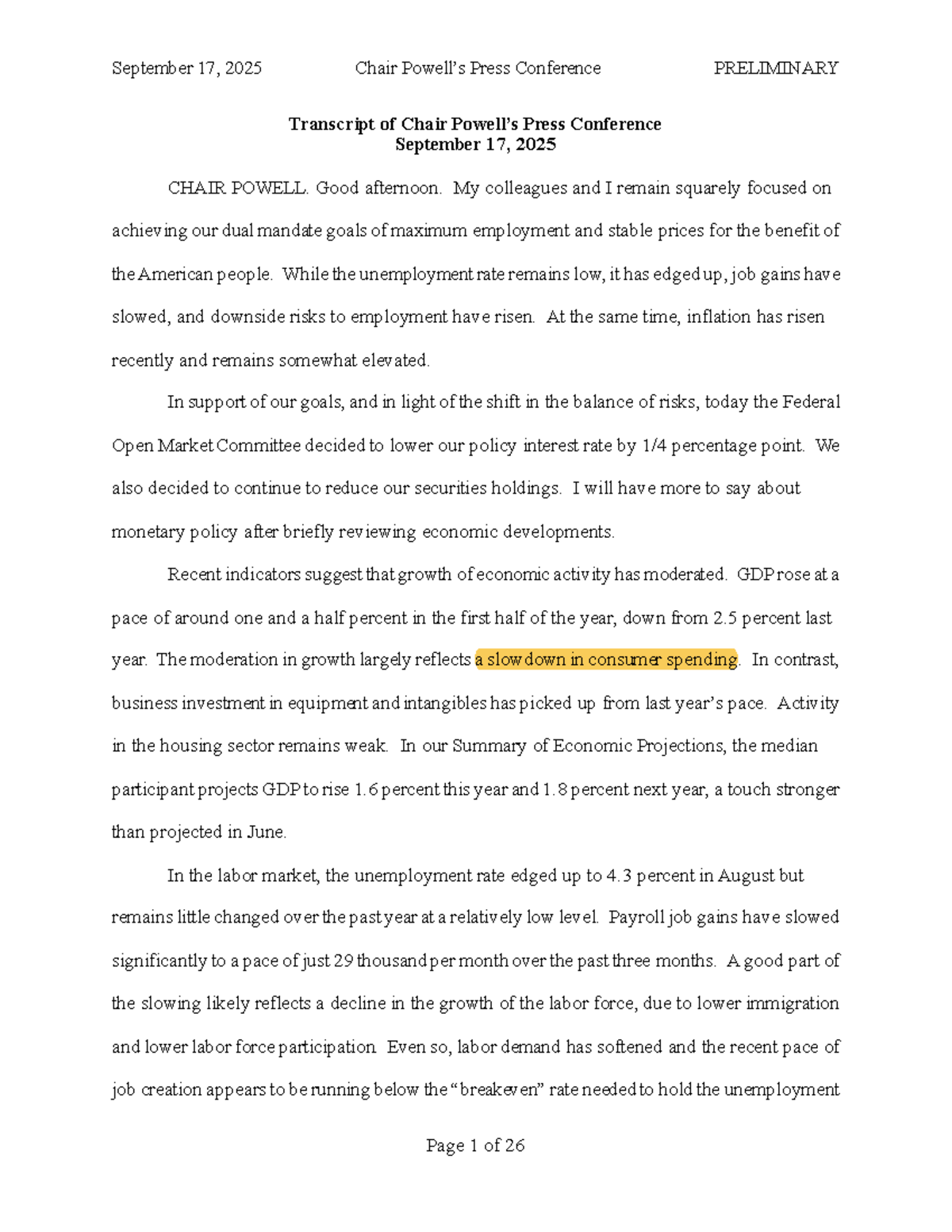 FOMC Chair Press Conference Transcript - September 17, 2025 - Studocu