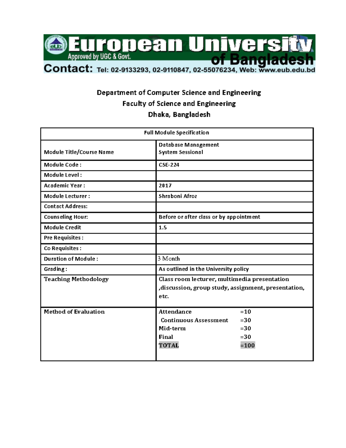 DBMS LAB Manual cse 224 - CSE - Department of Computer Science and ...