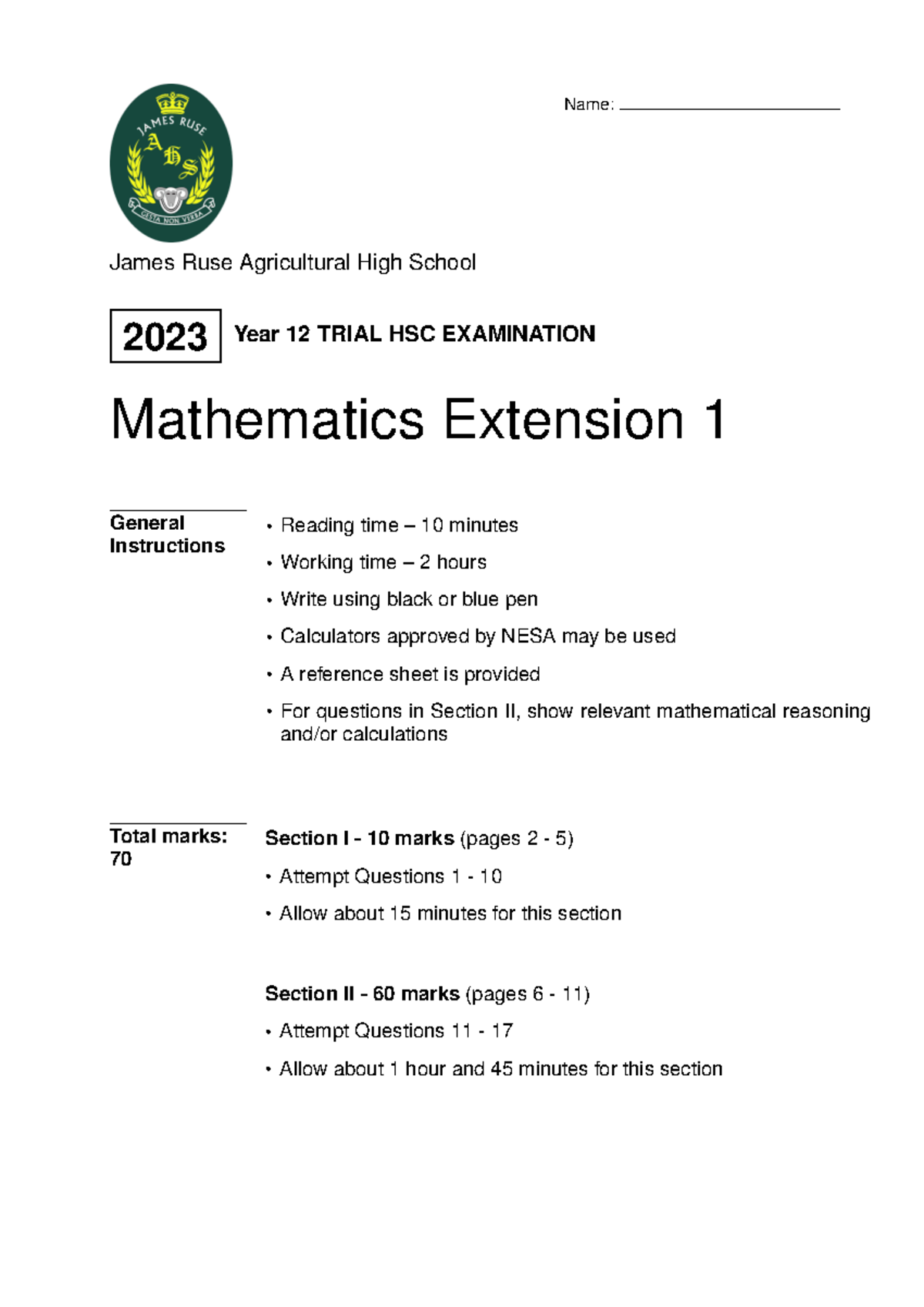 2023 James Ruse Agricultural High School - X1 - Math Ext 1 Trial Exam ...