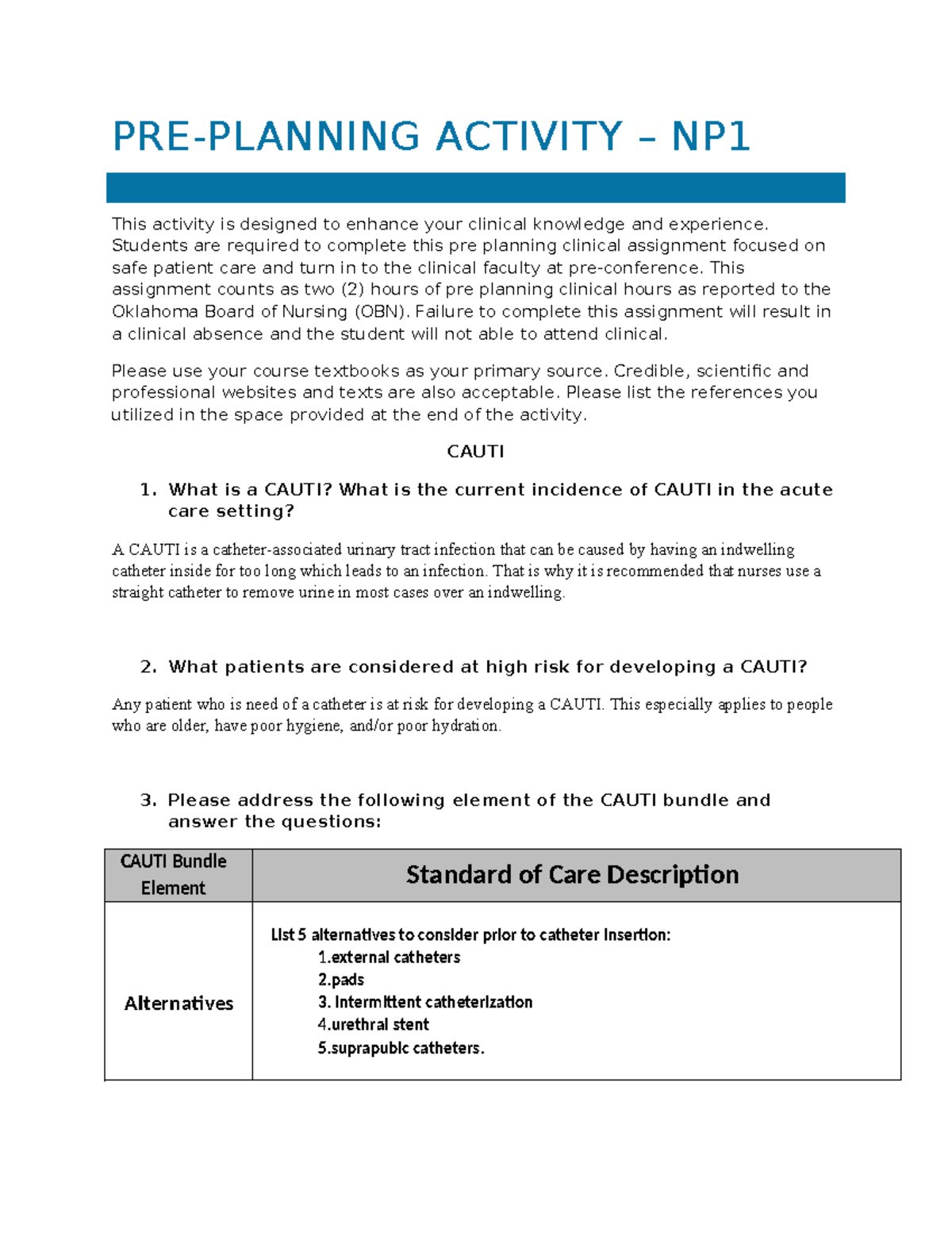 Pre Plan NP1: CAUTI Prevention and Management Assignment - Studocu