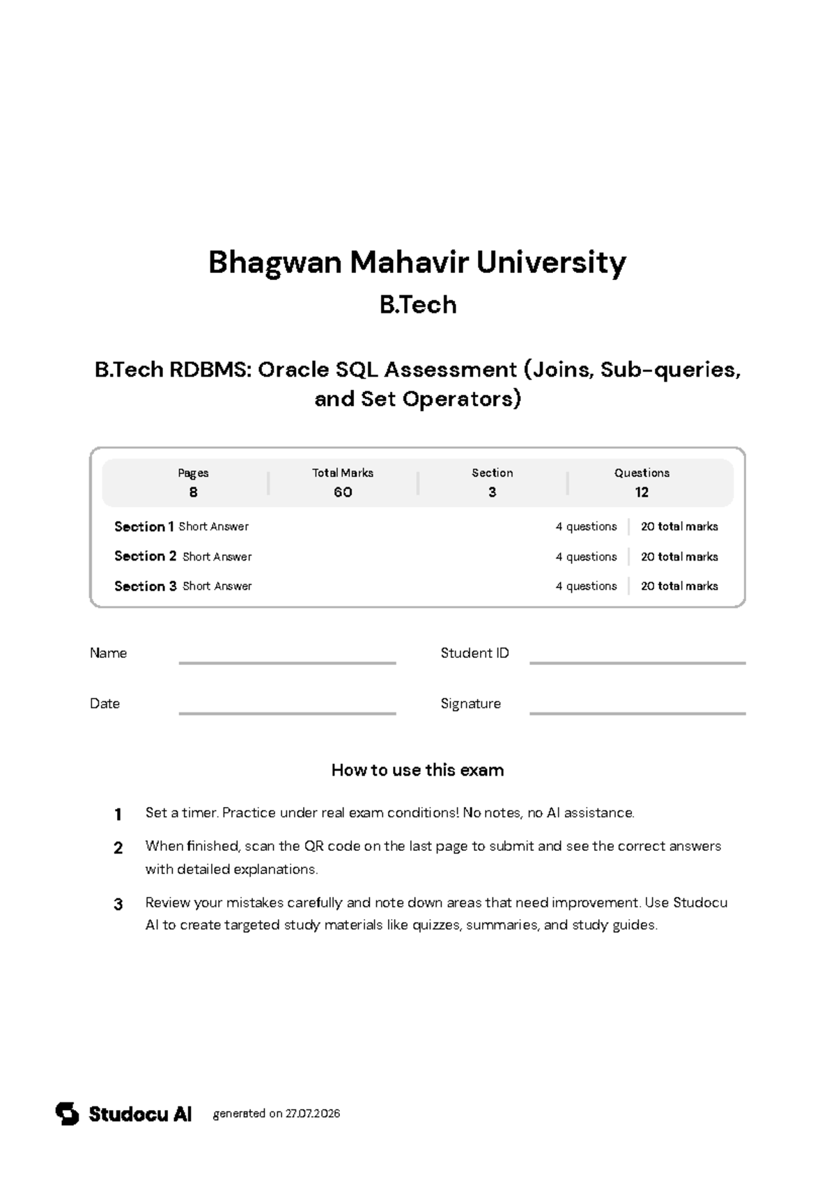 B.Tech RDBMS: Oracle SQL Assessment - Joins & Sub-queries - Studocu