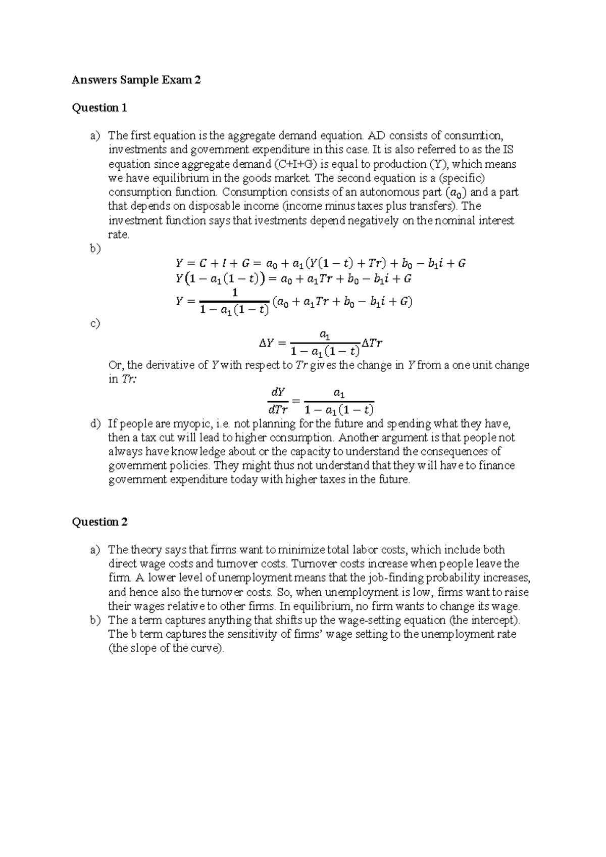Sample Exam 2 Solutions for Intermediate Macro Theory - Studocu