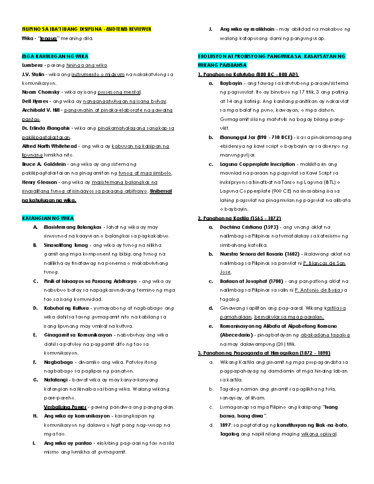 Filipino sa Iba’t Ibang Disiplina - Midterm Review Notes - Studocu