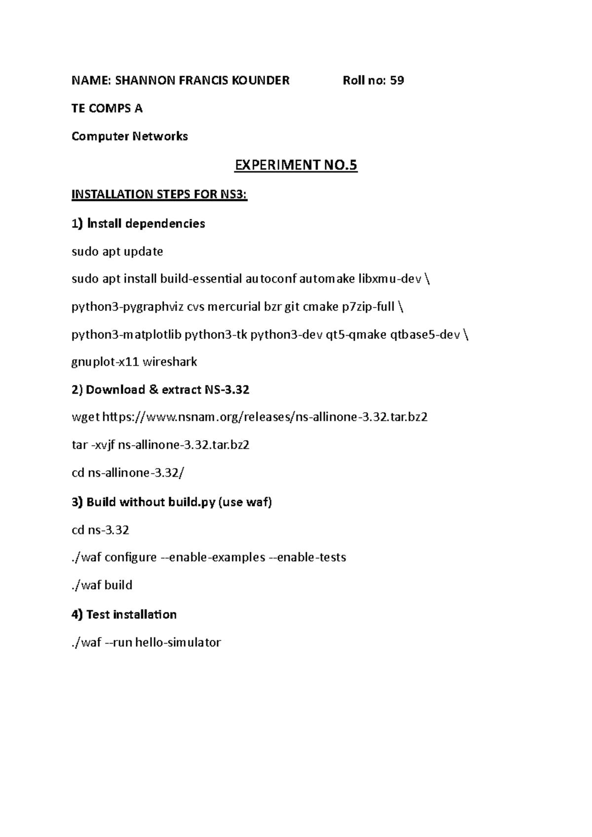 CN EXP 5 - Nothing - NAME: SHANNON FRANCIS KOUNDER Roll no: 59 TE COMPS ...