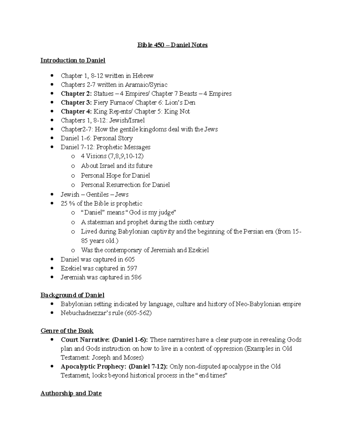 Bible 450 - Comprehensive Daniel Study Notes for Exams - Studocu
