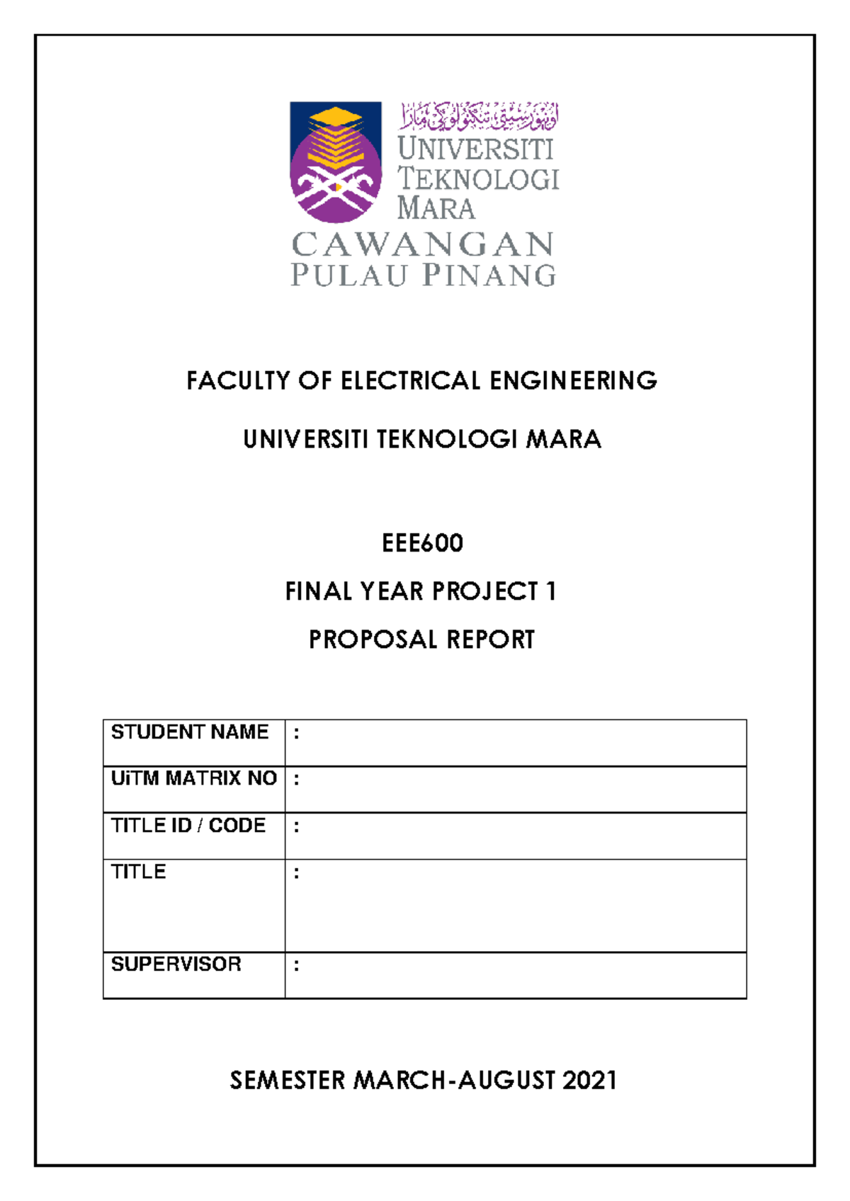 First Page OF FINAL YEAR PROJECT 1 - Electrical Engineering - UiTM ...