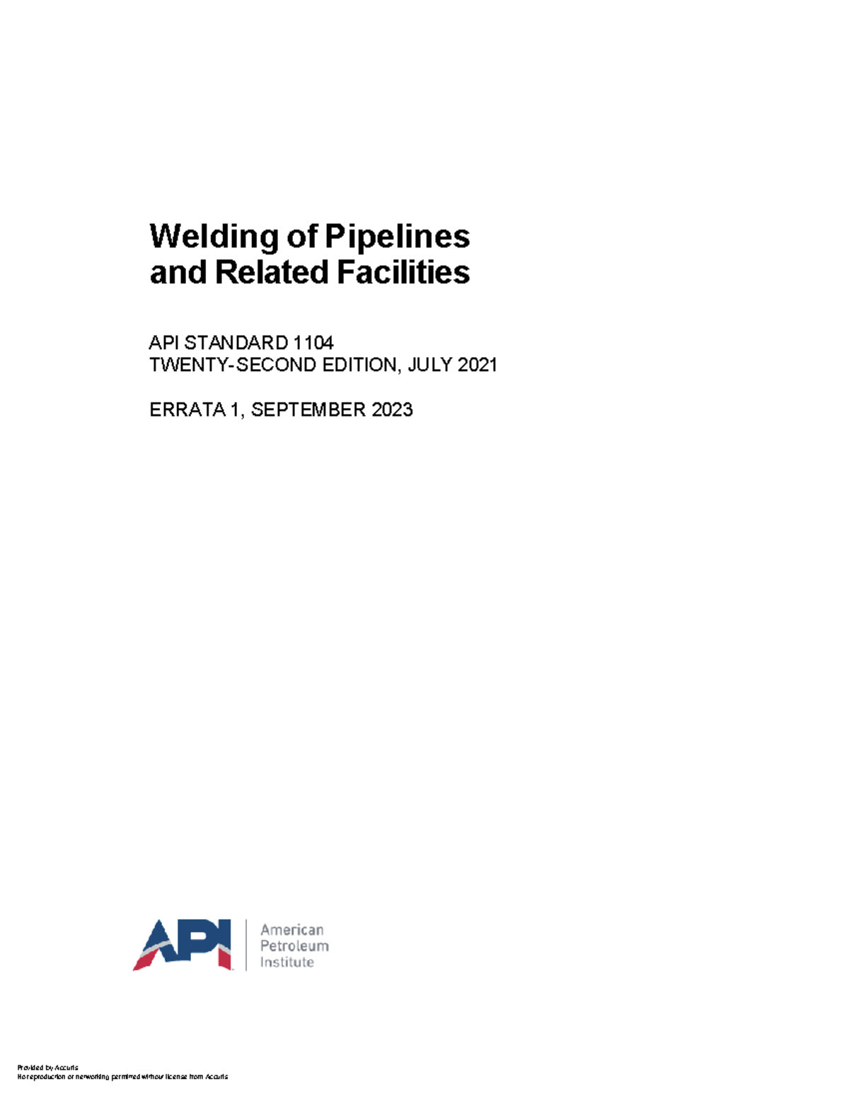API STD 1104 22nd Ed. July 2021 Errata 1 - September 2023 Updates - Studocu