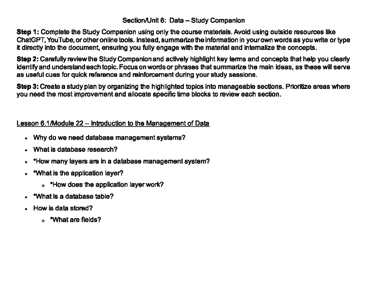 Unit 6: Data Study Companion - Key Concepts & Study Plan Guide - Studocu